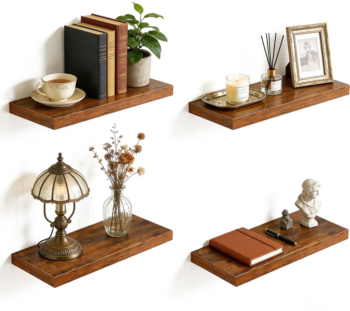 Zwevende wandplanken set van 4 - Houten muurplanken met metalen beugels voor woonkamer, slaapkamer en keuken - 40 x 20 x 3 cm, bruin