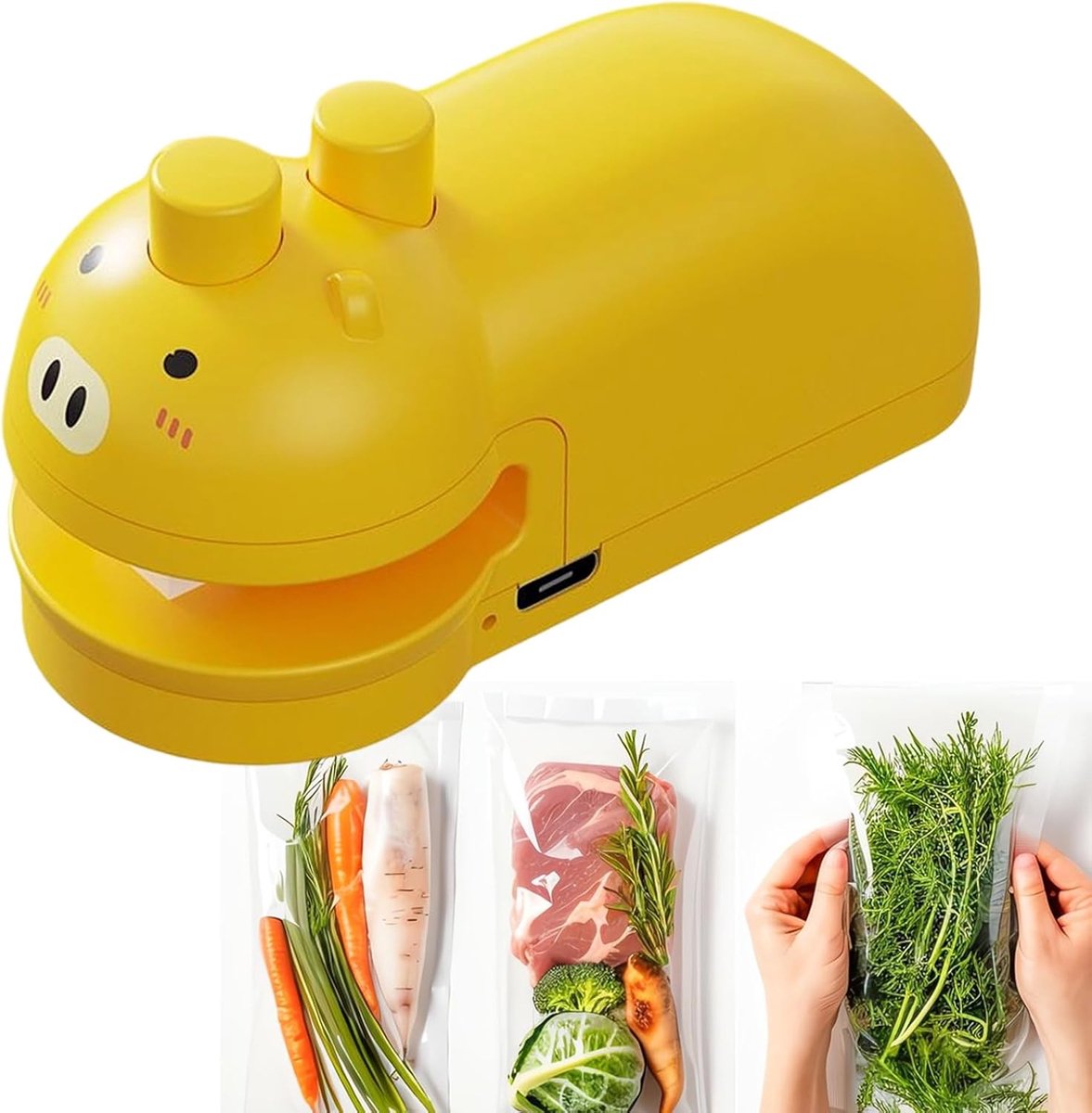 Draagbare mini magnetische thermische zakjessluiting, handmatige sealer met speels design, compacte zakdichter voor keukenopslag, snacksverpakking en op reis（geel）