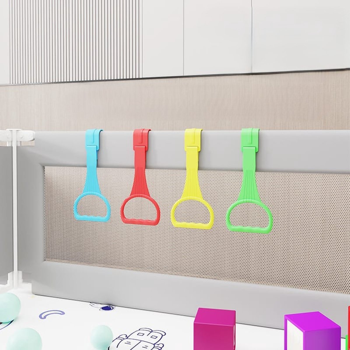 4 Stuks Ringen voor kinderbedden - Babybed Haken - Optrekringen - Trekring voor box - Ringen voor kinderbedden - Baby Pull Up Ringen - Staande ringen - blauw, geel, groen, rood - LOUZIR