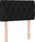 Tête de lit rembourrée noire avec capitonnage et supports de fixation en bois.