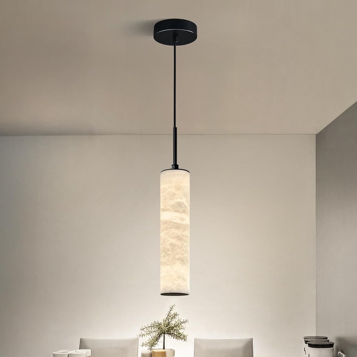 Natural Alabaster Pendant Lights Long Marble Tube, Modern Black Ceiling Lights for Bedroom, Dining Room, Living Room - ShopVlot