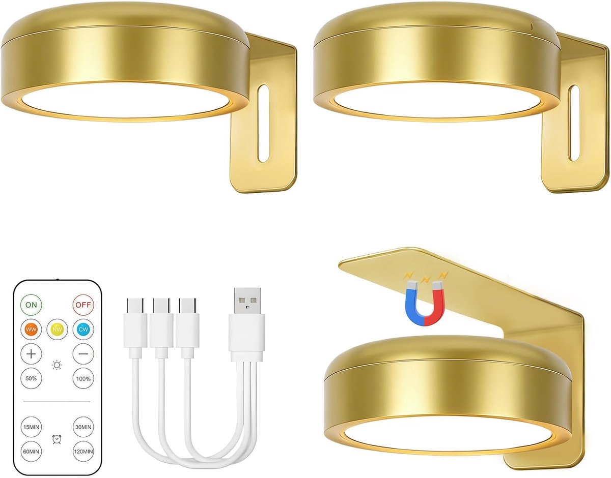 Pack of 3 Battery Operated Magnetic Painting Lights, 3 Colour Temperatures and Timer Function, 1500 mAh, Round Wall - ShopVlot