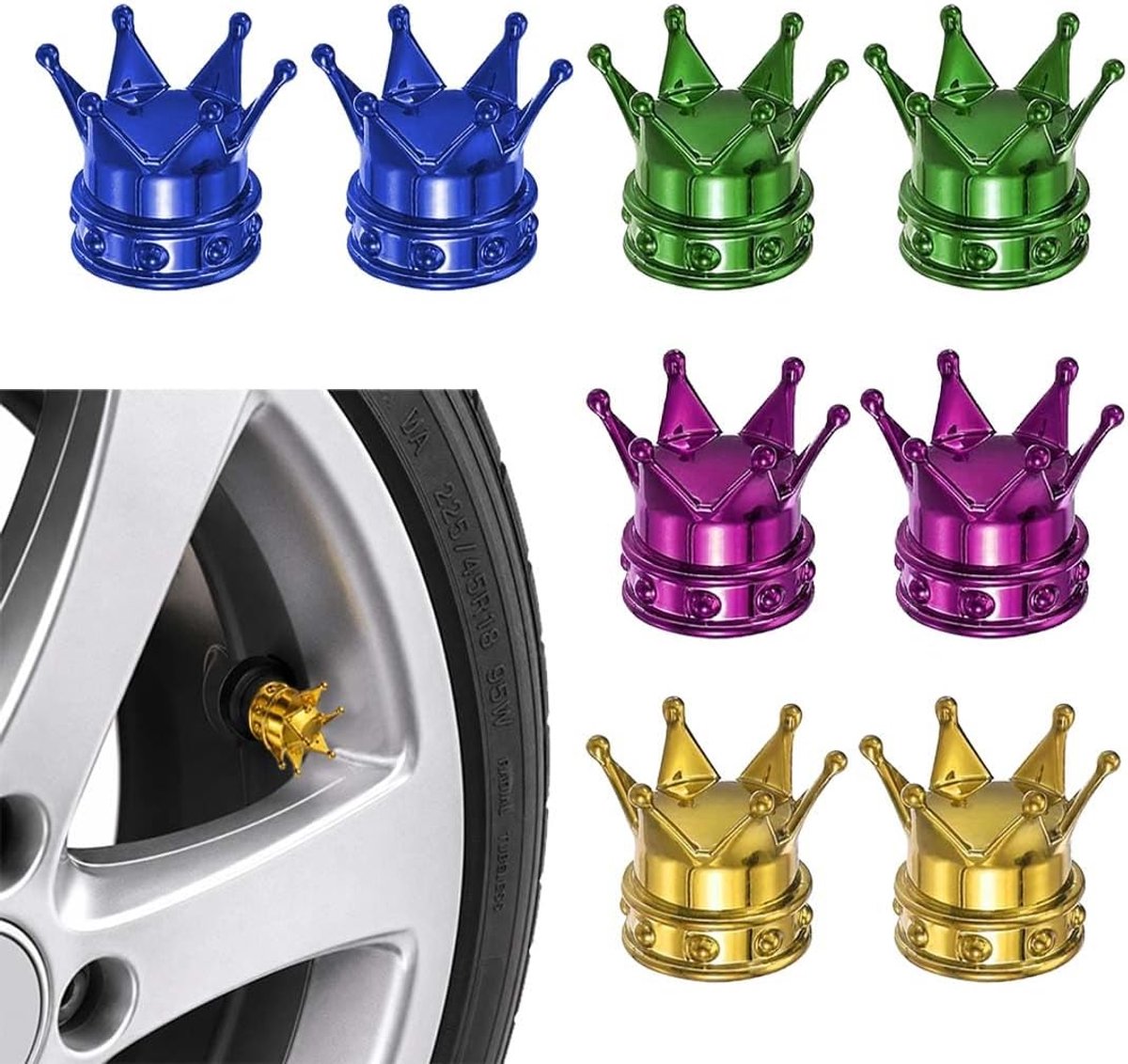 8 stuks ventieldoppen voor fiets - koningskroonen-design in goud - blauw - groen - paars - universeel geschikt voor fietsen - SUV's - auto's en motorfietsen