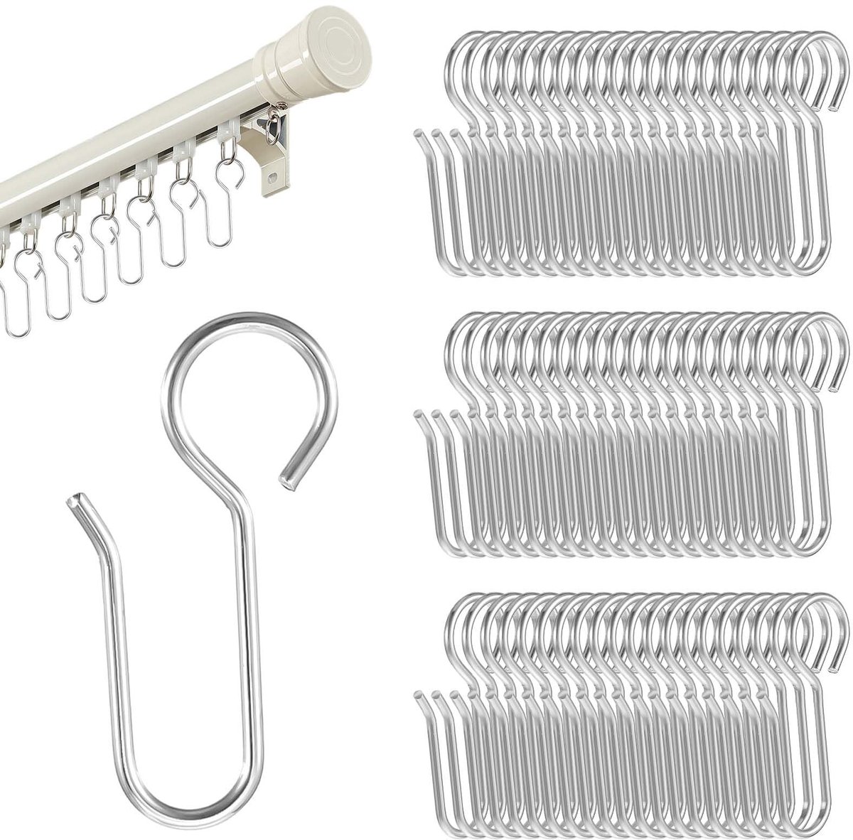 Solidchoice - 60 Stuks S-vormige Gordijnrailhaken - Metalen Stangclips Houder (Zilver)