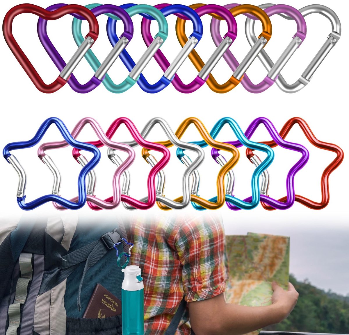 Solidchoice - 16 Stuks Mini Carabiner Haken met Hart en Pentagram