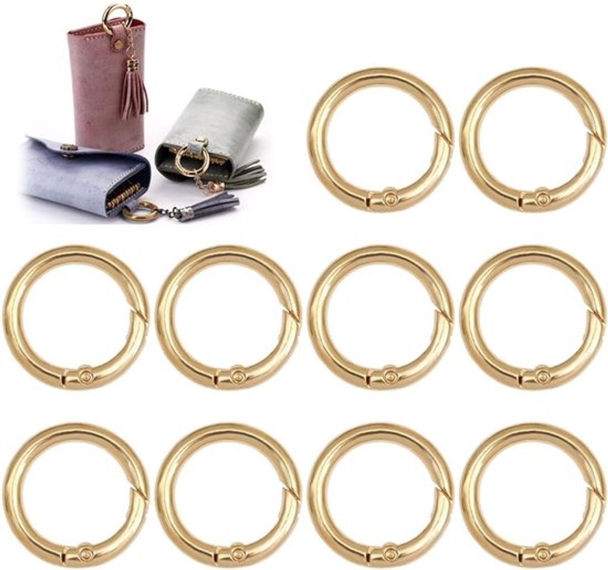 Set van 10 Veer O-Ringen, Splitringen voor Sleutels, Kleine Ringen voor Creatief Gebruik, DIY Projecten, Tasaccessoires, Handtasriemen, Goudkleurig, 33 mm