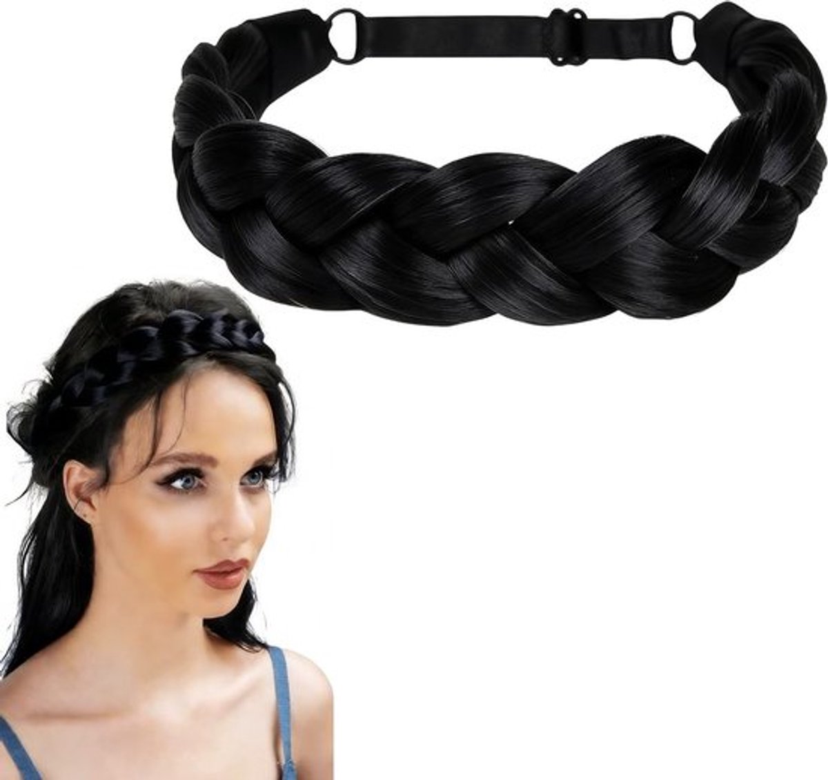 Verstelbare Zwarte Vlecht Haarband voor Dames - Elastische Haaraccessoire voor Feest, Festival en Dagelijks Gebruik