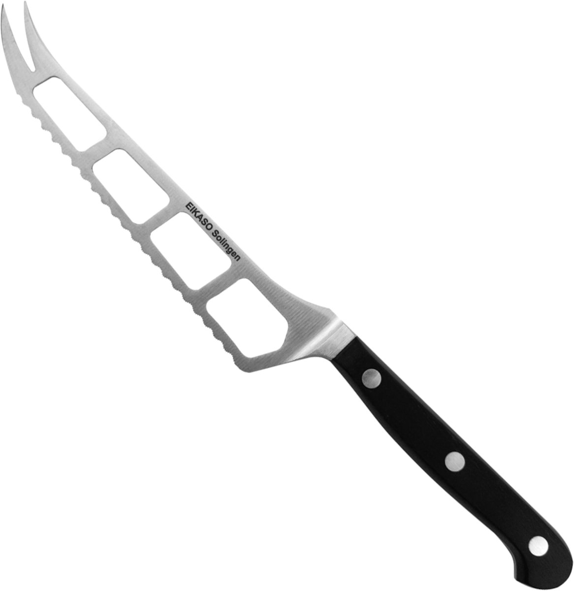 Eikaso Solingen Gekarteld kaasmes 26 cm met gesmeed lemmet en zwart handvat
