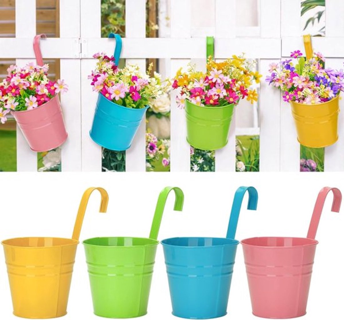 4 Stuks 10 cm Metalen Hangpotten met Afneembare Haak - Bloempotten voor Tuin en Balkon, Kleurvariaties voor Buitengebruik