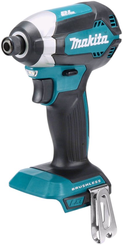 Makita DTD153Z slagschroevendraaier met zwart, turquoise en zilveren accenten, met "BL" en "Makita" logo.