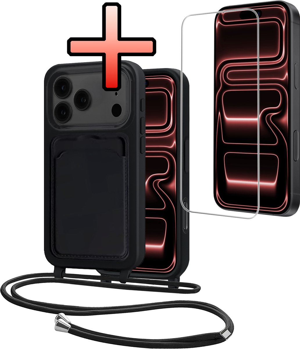 Hoes Geschikt voor iPhone 18 Pro Max Met Telefoonkoord Met Screenprotector - Siliconen Hoesje Backcover Met Ketting - Zwart