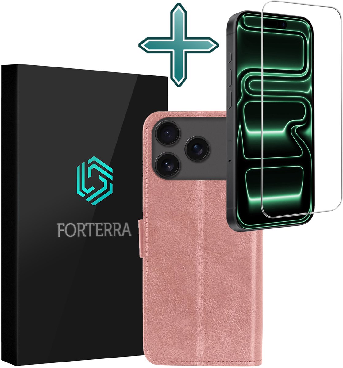 Hoesje Met Screenprotector - Geschikt voor Apple iPhone 18 Pro - Luxe Pasjeshouder - Flipcase - Bookcase Portemonee - Flip Case - Kunstleer Book Case - Book Cover - Walletcase - Portemonneehoes - Rosé goud