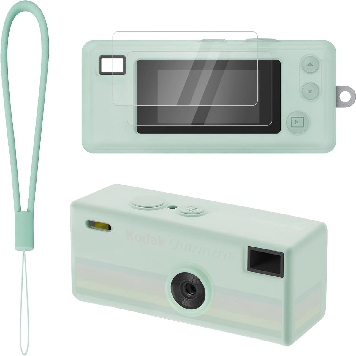 SnelShoppen - Silicone Beschermhoes voor Digitale Camera, Schokbestendig, Krasbestendig met 2 Stuks Gehard Glas, Groene Sleutelhanger voor Kinderen en