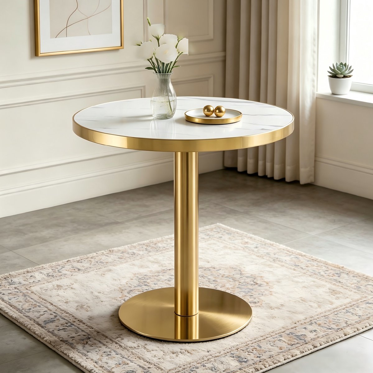 COVREO Bijzettafel 60x60x74 cm - wit met goud, MDF tafelblad met marmerlook fineer en UV-coating