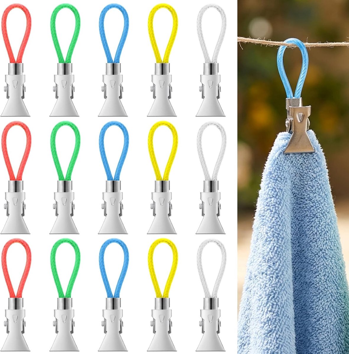15 stuks kleurrijke handdoekclips van roestvrij staal voor keuken en badkamer, ideaal voor theedoeken en handdoeken zonder naaien