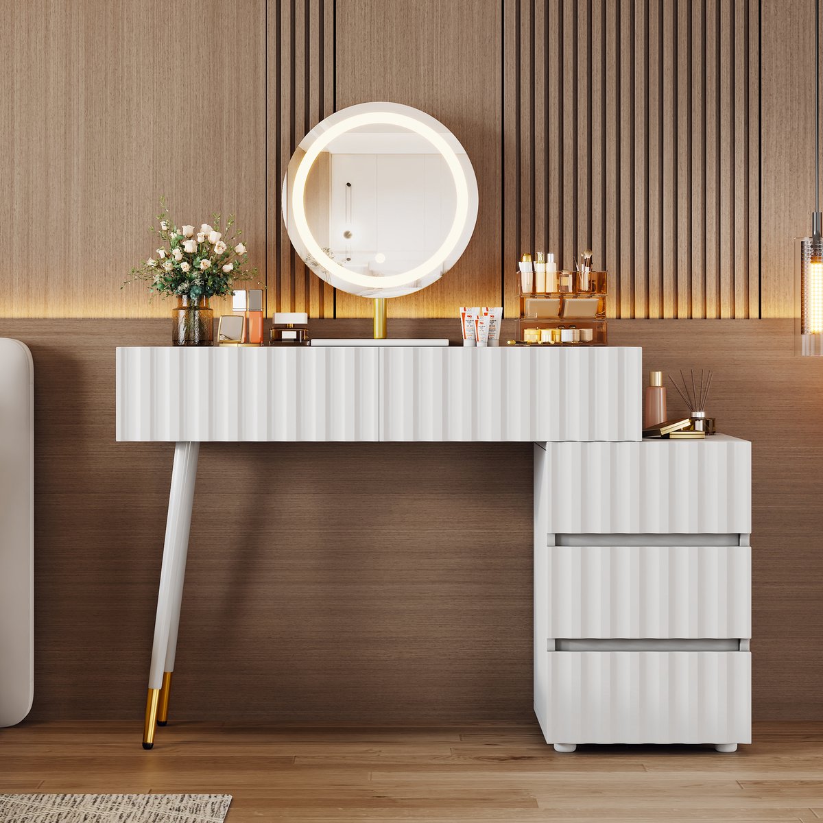 COVREO Kaptafel 100x40x127 cm - wit, LED-spiegel, 5 lades en verstelbare verlichting