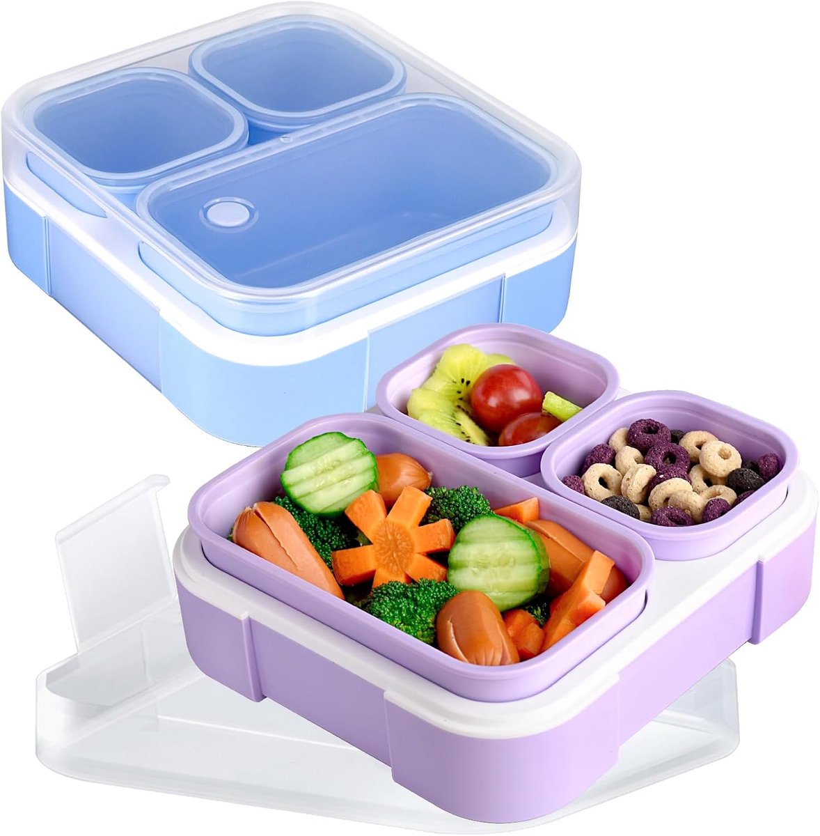 VHV - Lunchbox kind - Bento box kind - Lunchbox met vakjes - 3 vakken - Lekvrij - Vaatwasserbestendig - BPA-vrij - Voor school en kinderopvang - 17cm - 2pcs - Paars+Blauw