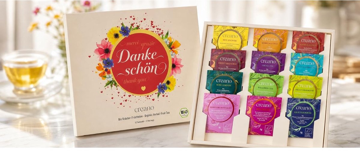 Creano biologische kruidenthee-cadeauset - Dankjewel - 12x biologische theezakjes 24 g* | 12 soorten kruiden- en vruchtenthee, cadeau voor vrouwen, theeliefhebbers, ORGANIC HERBAL TEA
