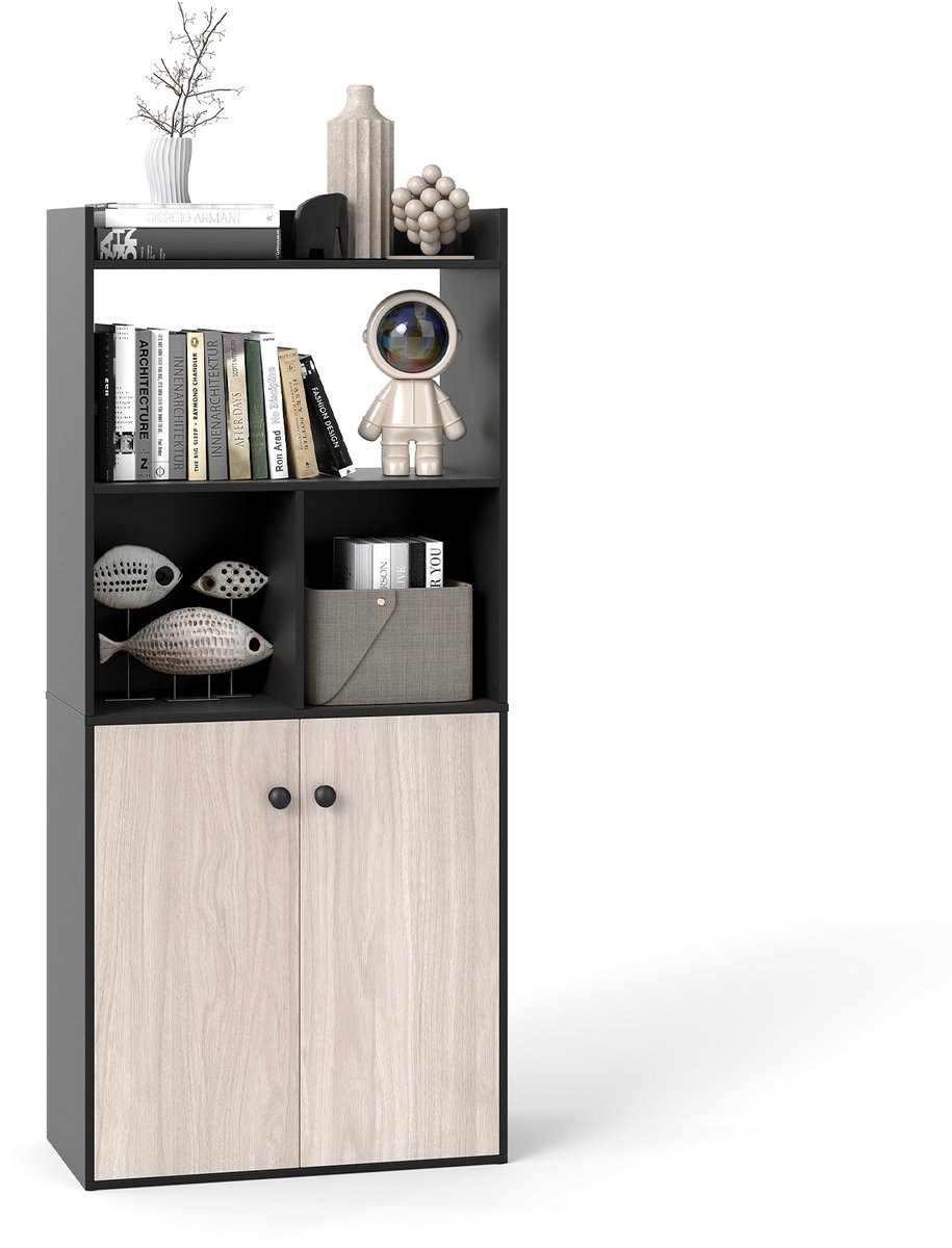 COSTWAY Boekenkast met dubbele deurkast, 3 verdiepingen staand rek met open vakken, vrijstaande boekenkast voor woonkamer, werkkamer, keuken, opbergkast 60 x 30 x 140 cm (zwart)