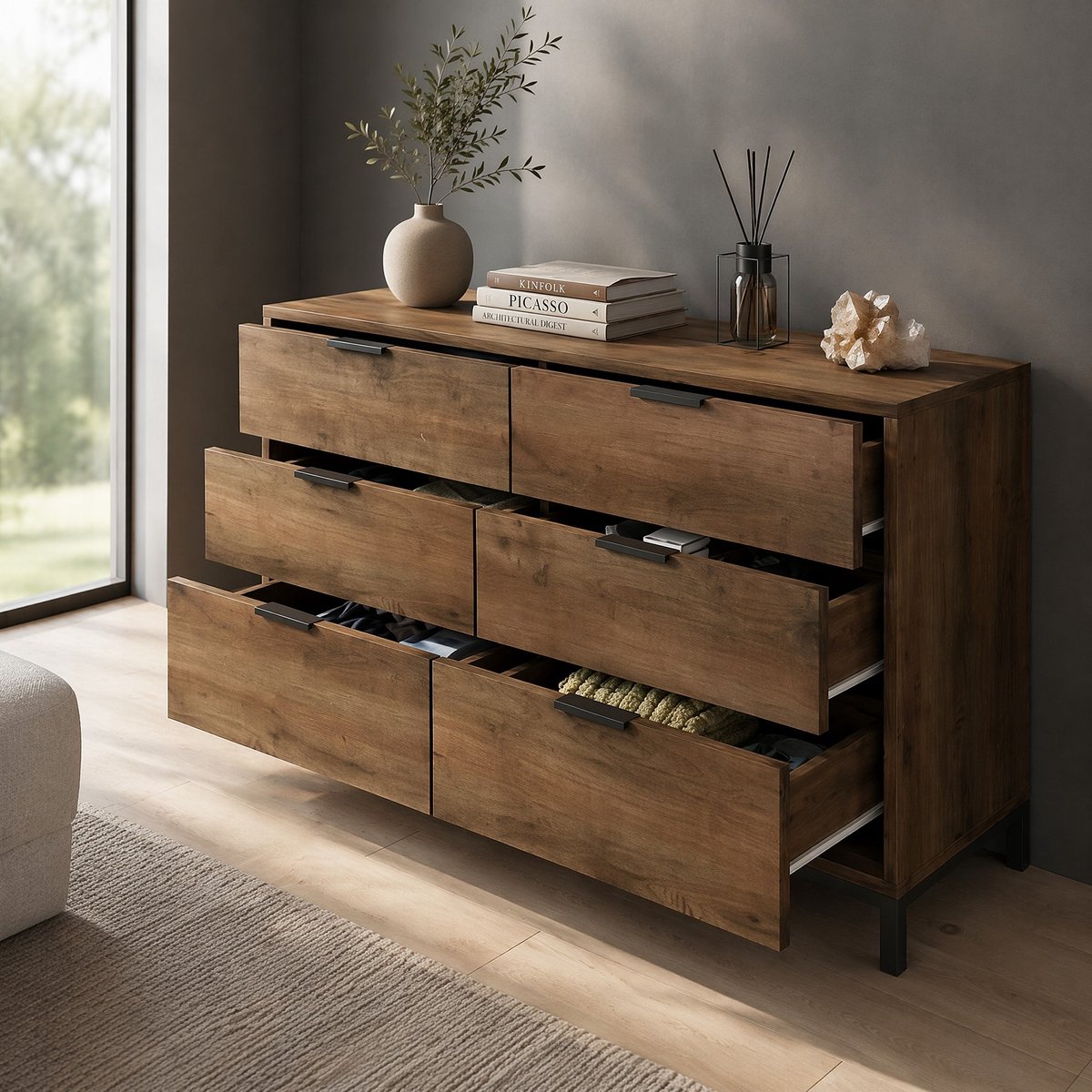 COVREO Dressoir 120 x 40 x 76 cm – donkere eik, 6 lades, metalen frame