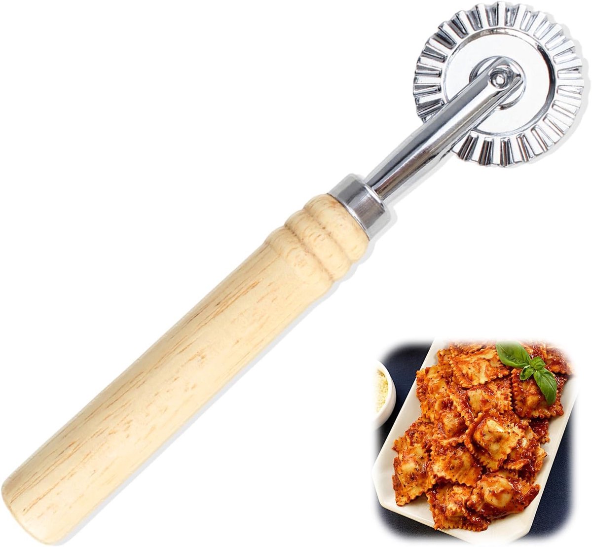 SnelShoppen - Pastasnijder met wiel, Deegroller met Houten Handvat, Bakwiel, Golfsnijder voor Deeg, Taart Snijden, Keukenaccessoires, Zinklegering, Du