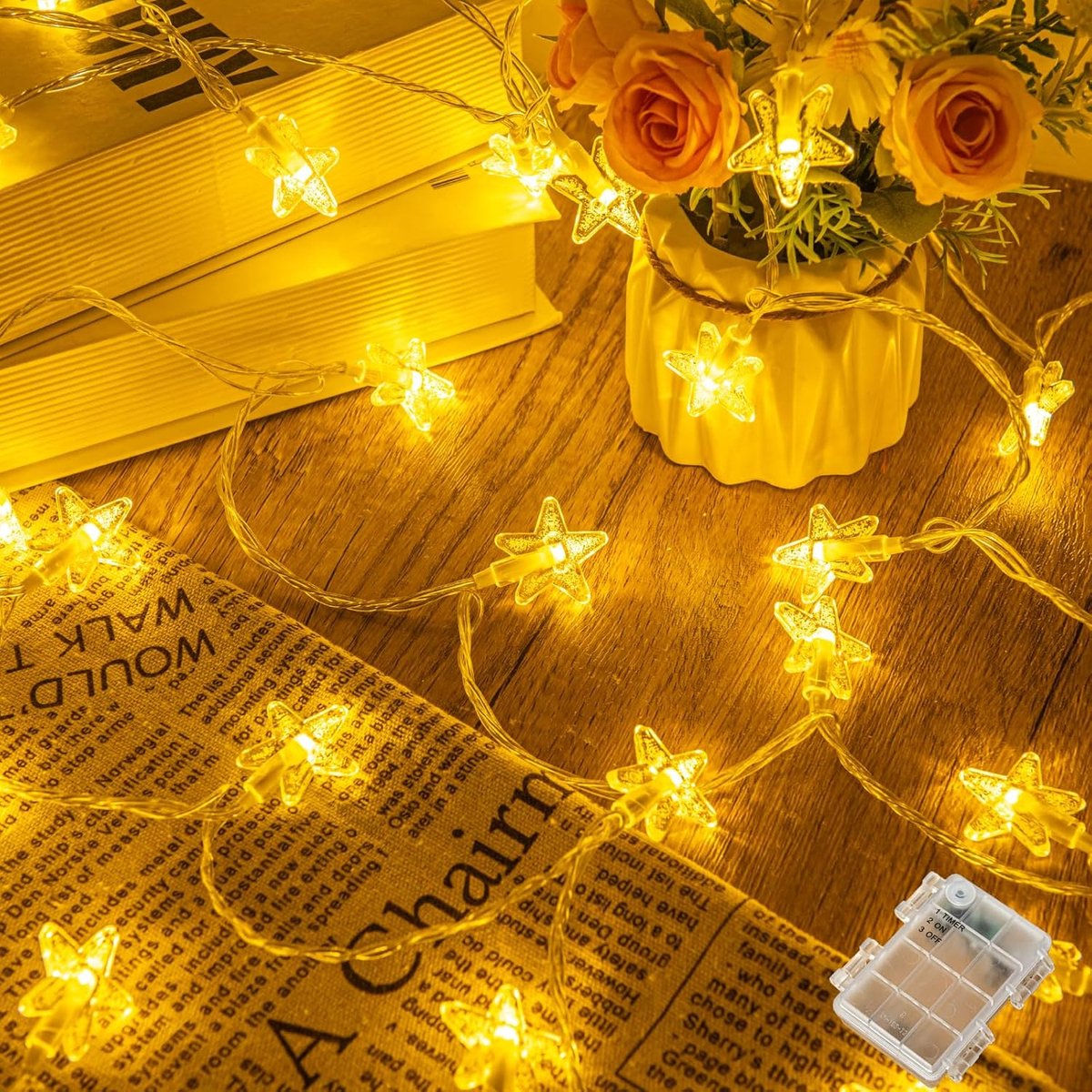 SnelShoppen - 6m 40 LED Sfeerverlichting met Sterren - Batterij Aangedreven Fairy Lights met 6 Uur Timer - Decoratie voor Binnen en Buiten, Kerst, Sla