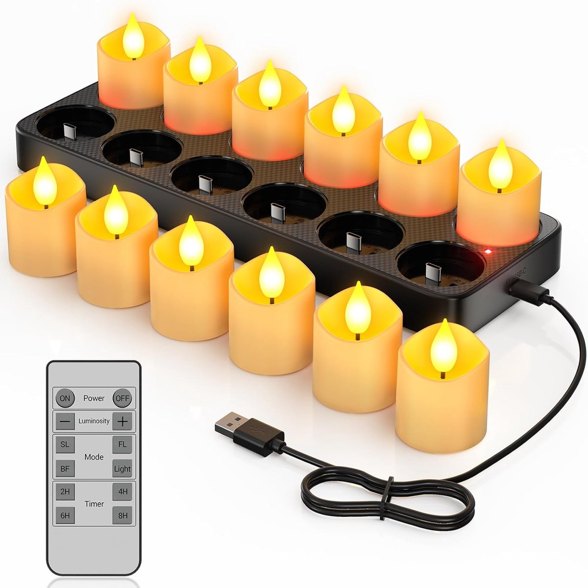 SnelShoppen - Set van 12 Oplaadbare Theelichten met USB-C Oplaadstation, 3.8cm LED Kaarsen met Flikkerende Vlam en Afstandsbediening voor Feesten, Hal