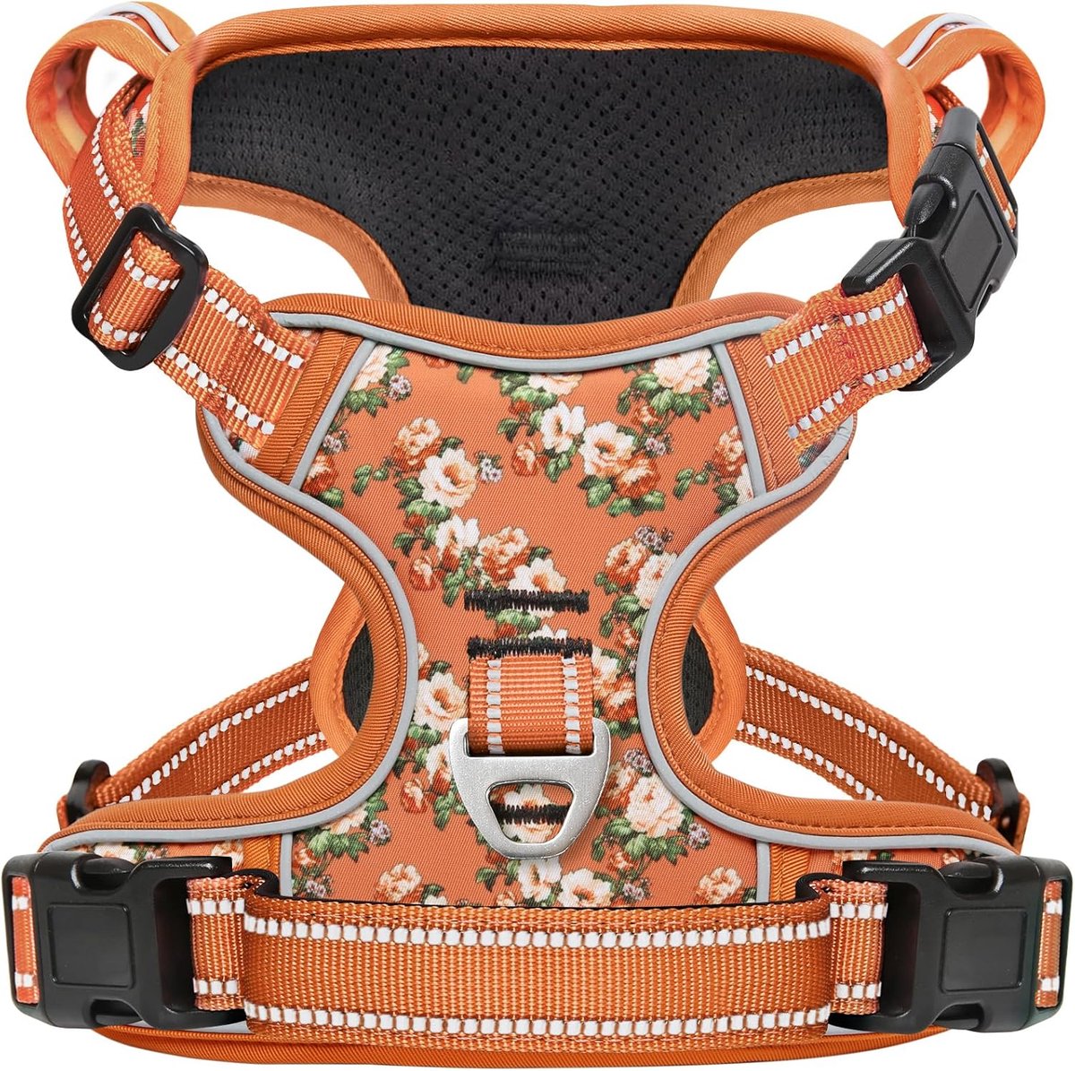 SnelShoppen - Dog Harness No Pull, Verstelbare Harnas voor Honden, Reflecterend en Zacht Gewatteerd, Met 2 Bevestigingspunten - Floral-Orange, XS