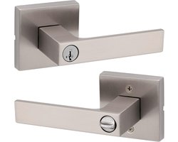 SnelShoppen - Kwikset Singapore Deurhendel met Slot en Sleutel, Omkeerbare Deurhendel voor Slaapkamer, Satin Nickel, Inbraakwerend, SmartKey Herinstel