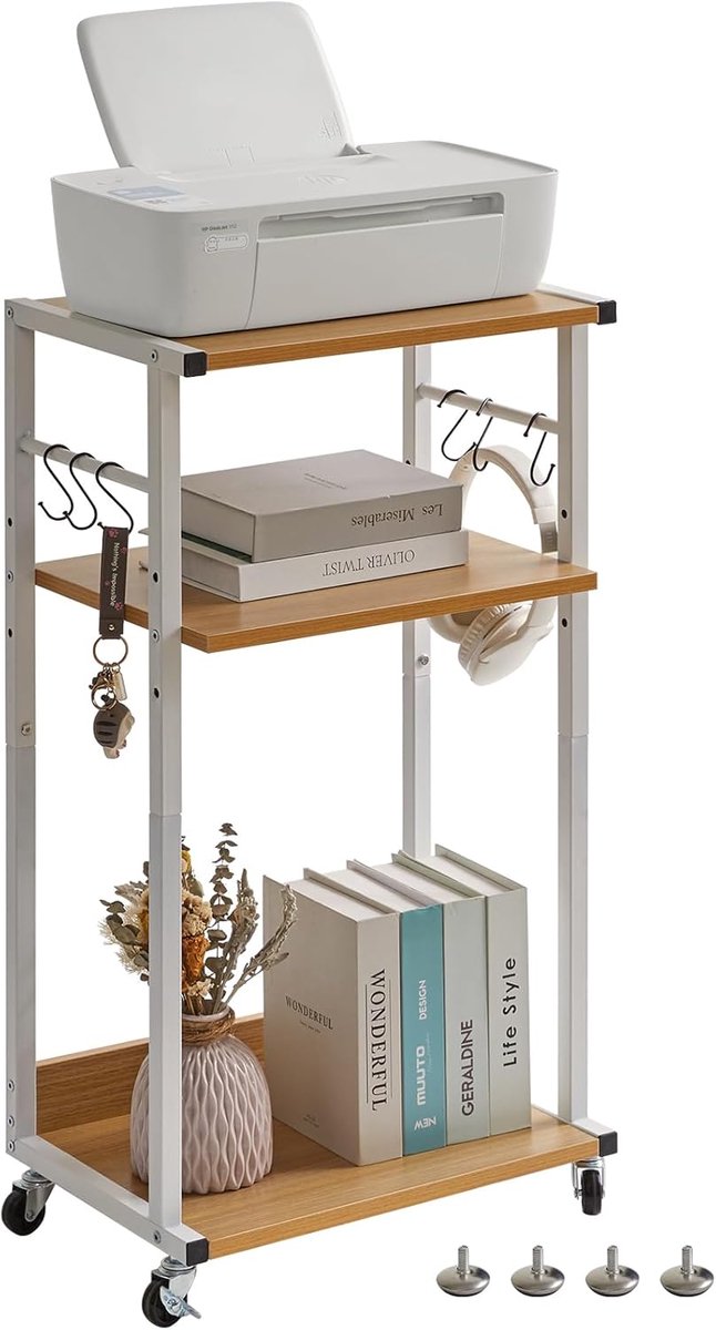 SnelShoppen - Mobiele Printertafel met 3 Planken, Hoogte Verstelbare Printerstandaard met Wielen, 6 Haakjes, Voor Kantoor, Fax, Copier, Scanner, 44 x