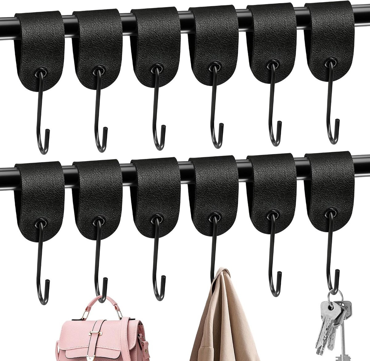 SnelShoppen - 12 Stuks Zwarte S-haken met Leren Lus voor Kledingstang, Garderobehaken, Roestvrij Staal, Ideaal voor Keuken, Badkamer en Camping