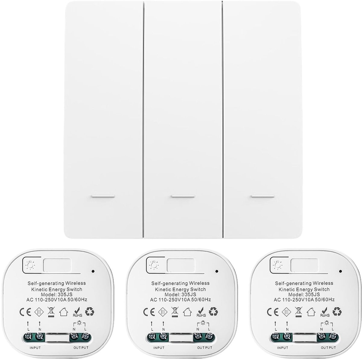 SnelShoppen - RF433 Draadloze Lichtschakelaar Set, Batterijvrije Veiligheidsschakelaar en Ontvanger, 10A, Ideaal voor Binnen en Buiten Verlichting