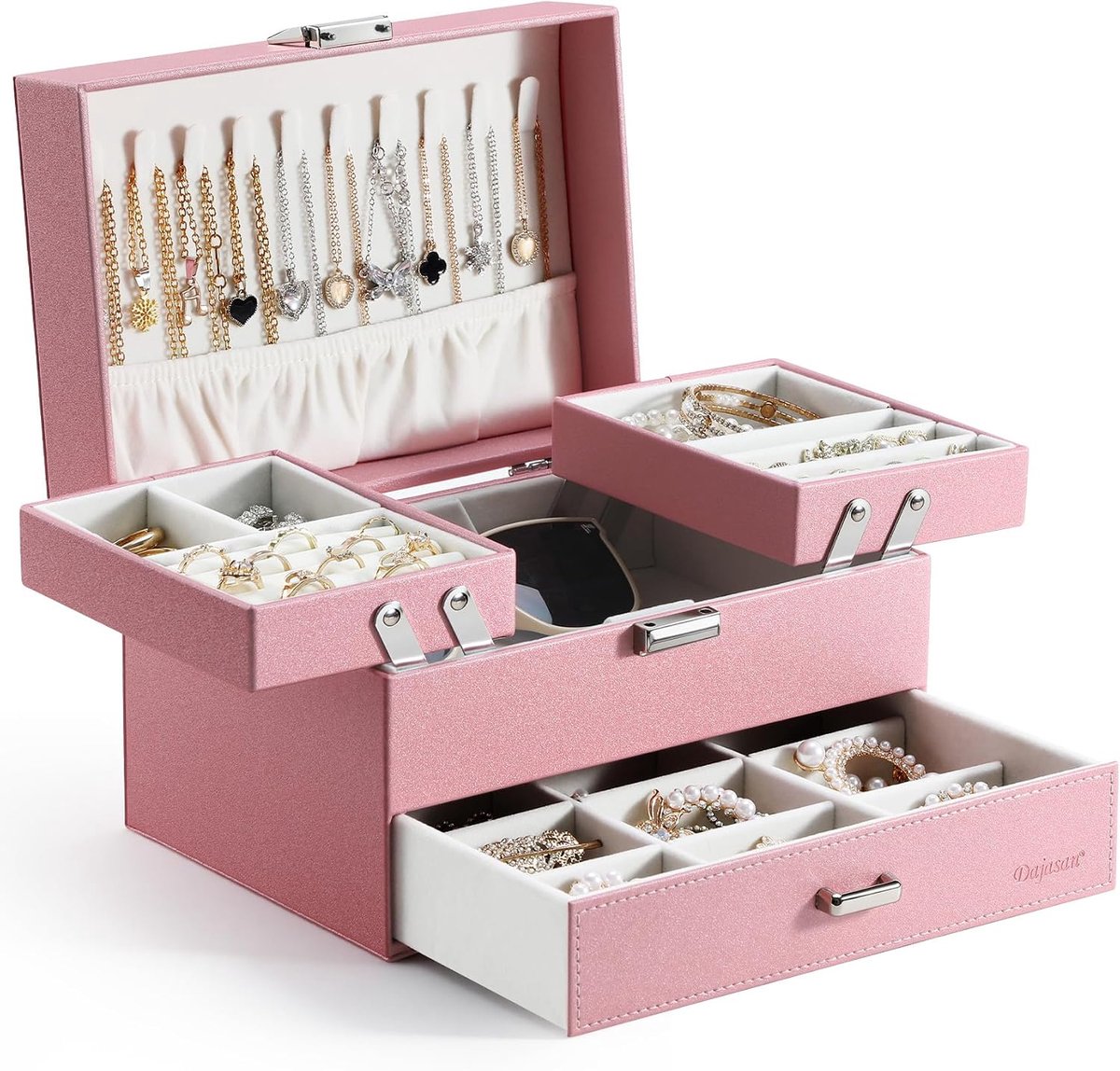 SnelShoppen - Grote Dajasan Sieradenbox voor Meisjes, 3 Laags Sieradenopslag, Multifunctionele Geschenkdoos voor Valentijnsdag, Moederdag, Kerst, Verj