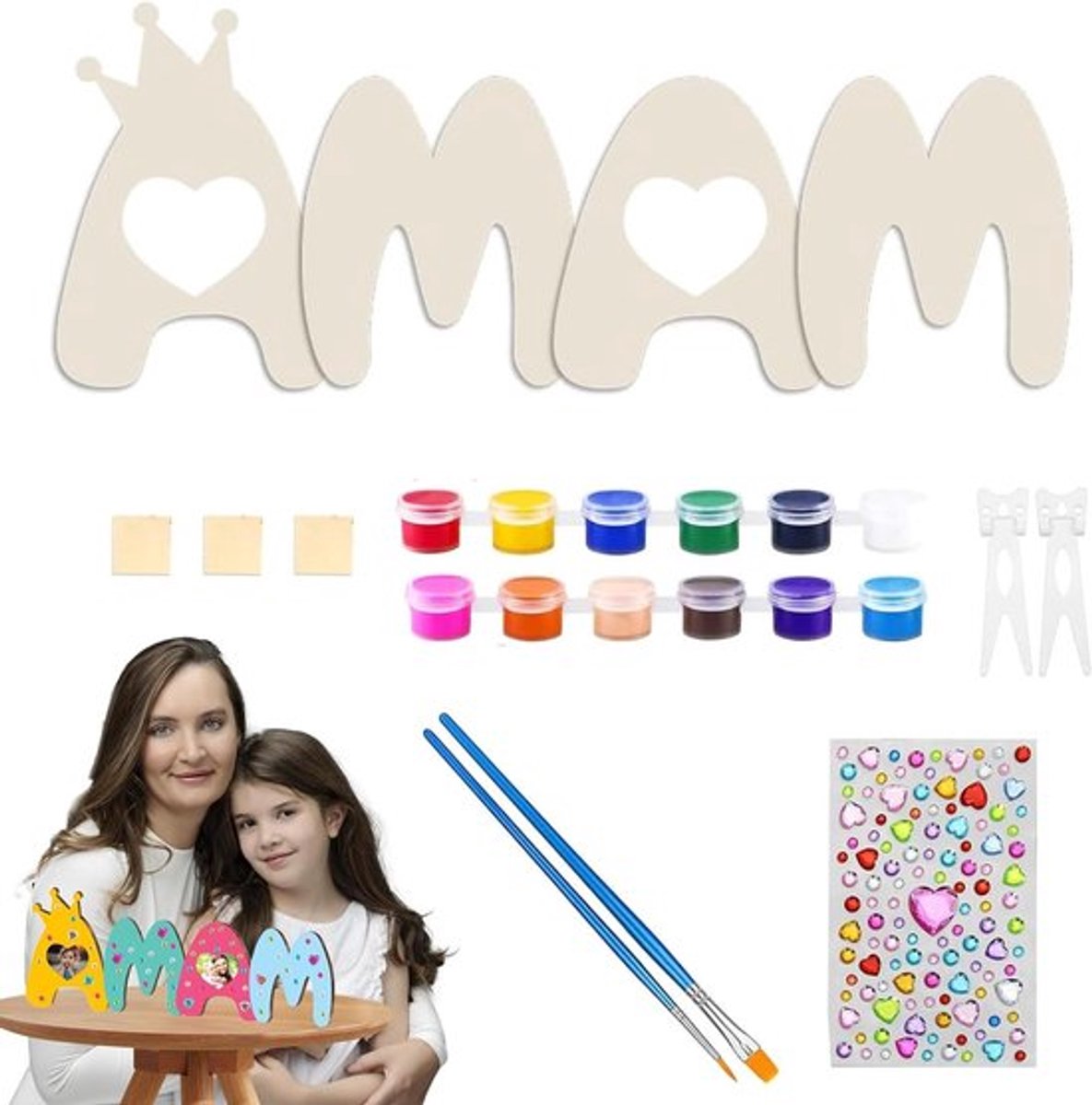 DIY Houten Letters Set voor Papa en Mama - Unieke Vaderdag en Moederdag Geschenken - Gepersonaliseerde Fotolijst - Houder, Stickers, Kwast, Plakband