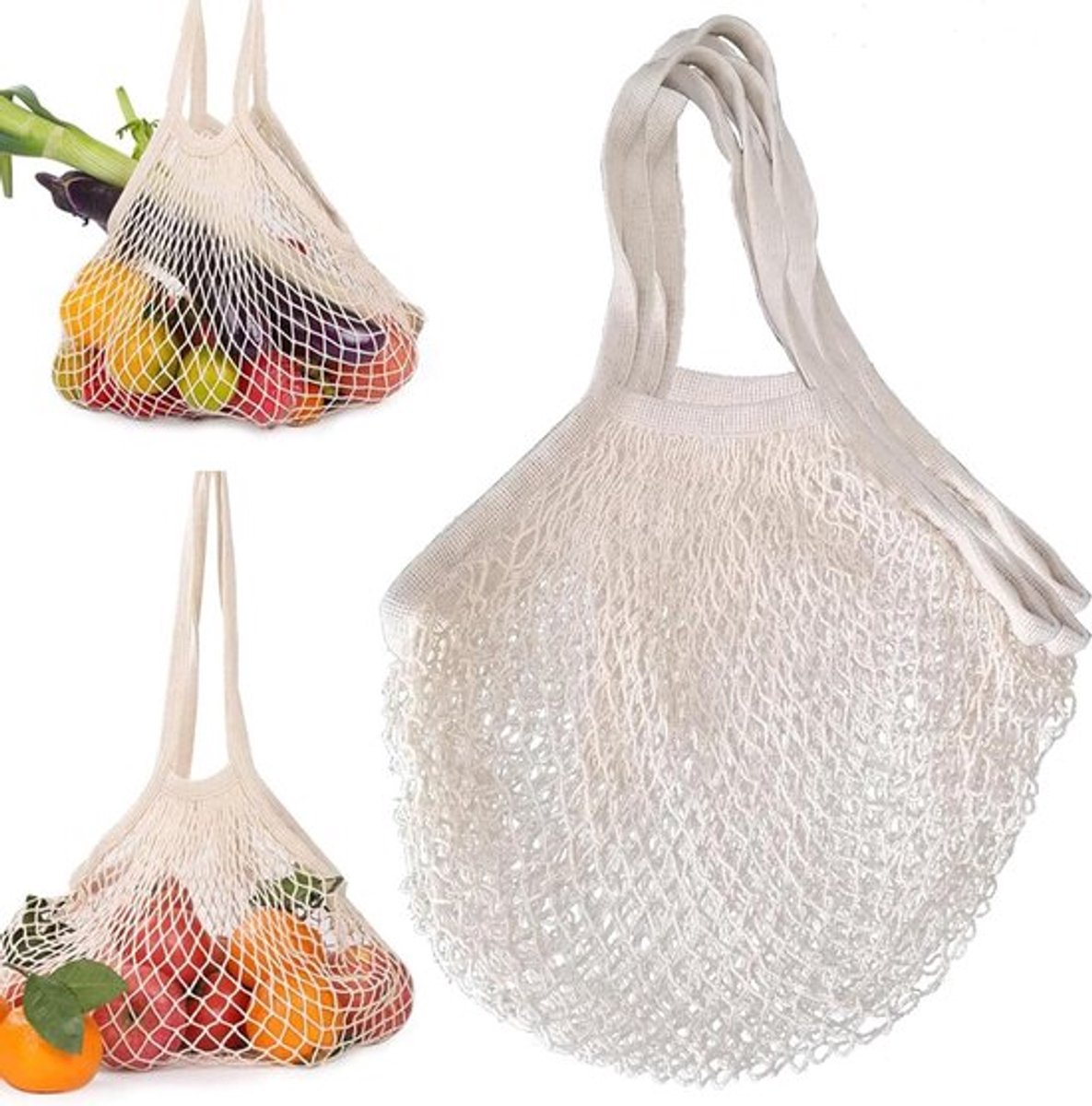 Herbruikbare nettassen voor boodschappen - Opvouwbare mesh-tas - Set van 3 - Beige