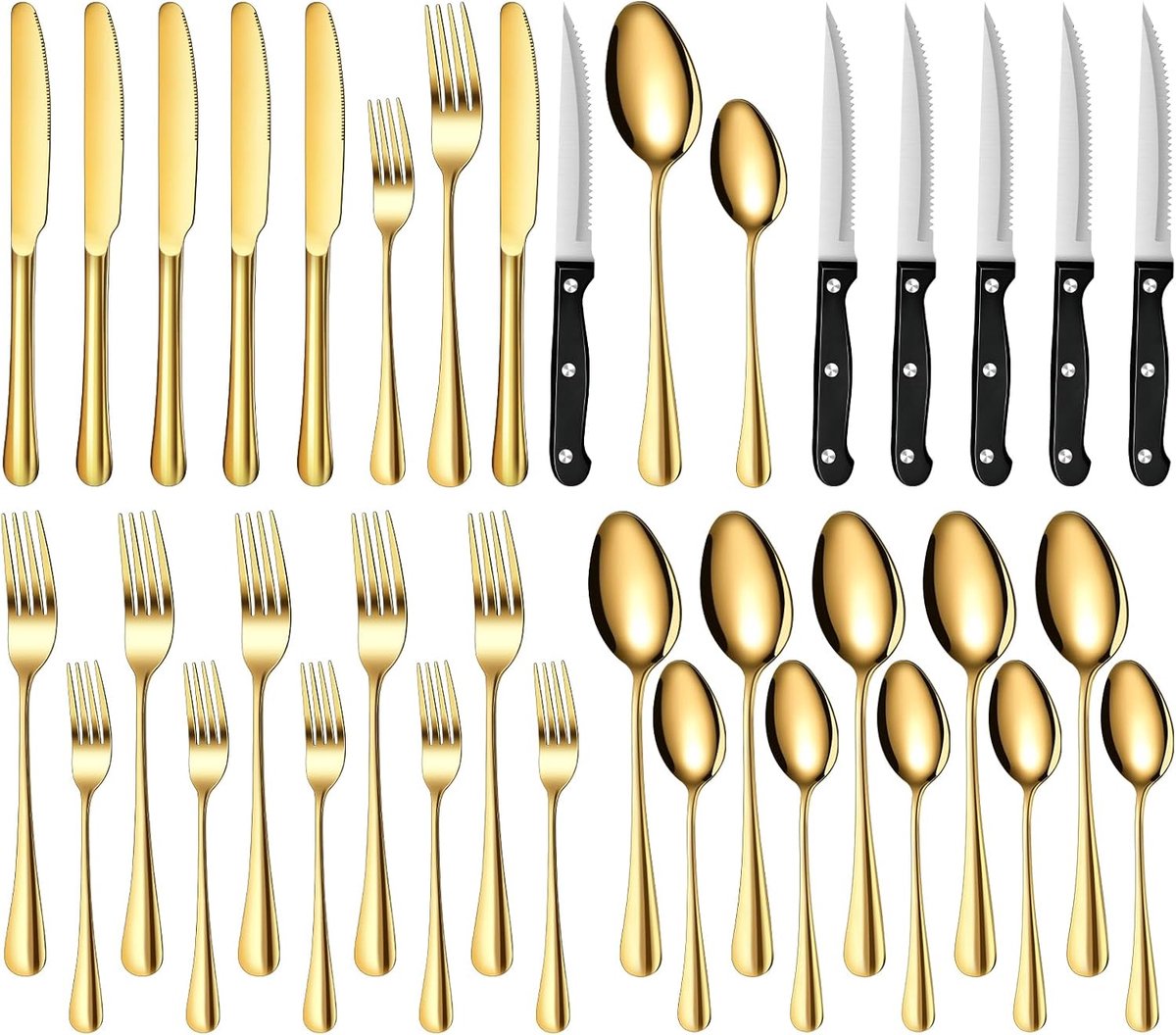 SnelShoppen - Gouden Bestekset voor 6 Personen - Luxe Tafelset, 24-delig, Voor Feest, Diner, Keuken, Elegant Design, Roestvrijstaal, Ideaal voor Speci