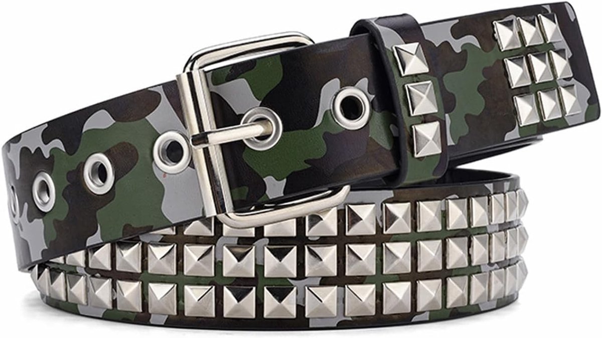 Punk Rock Studded Leren Riemen voor Mannen en Vrouwen, Y2K Stijl, Camouflage, Ideaal voor Festivals en Casual Outfits