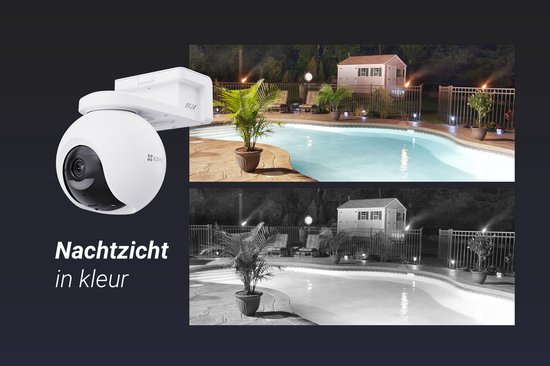 Witte beveiligingscamera met nachtzicht in kleur, naast een zwembad met verlichting.