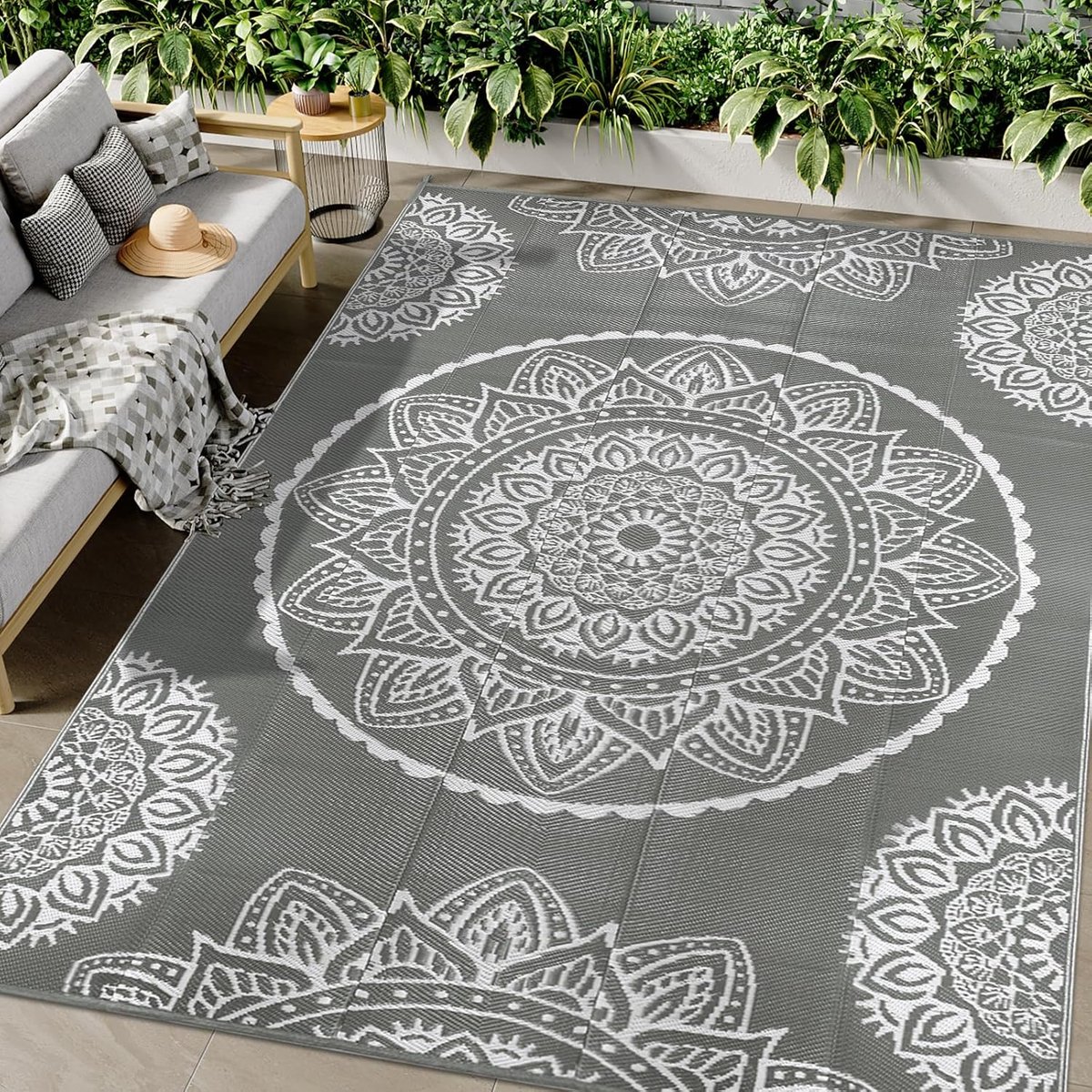 SnelShoppen - Famibay Outdoor Rug, Waterproof, Reversible, Lightweight Camping Rug, Grijs, Plastic, Ideaal voor Tuin, Balkon, Camping en Binnengebruik