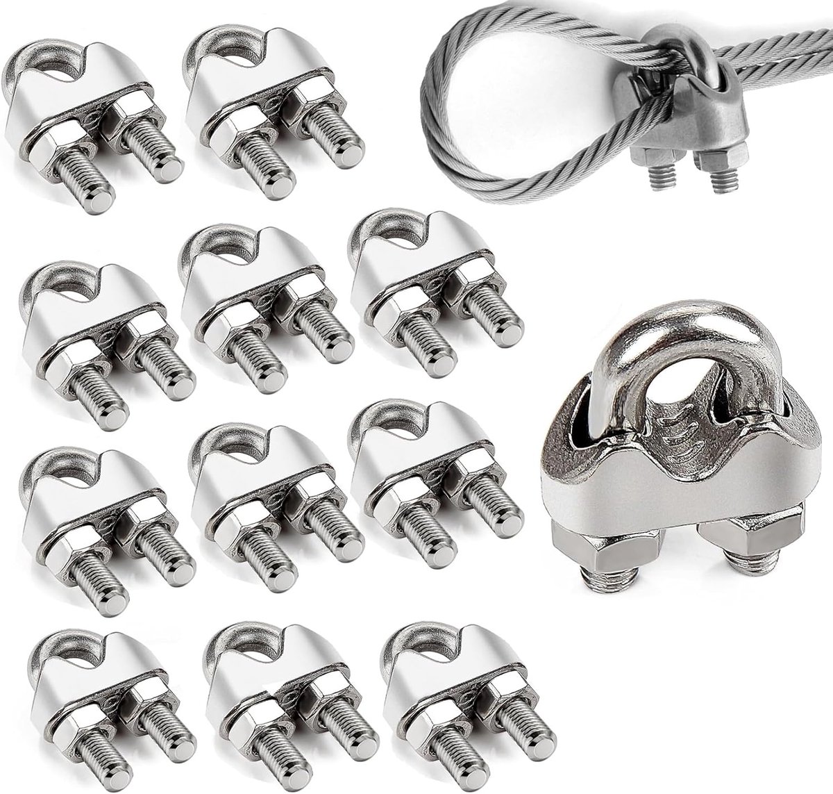 SnelShoppen - 12 Stuks Roestvrijstalen Kabelklemmen, U-bouten M6, Stalen Beugels met Contramoeren voor Kledinglijn, Tuin, Camping, 6 mm Kabelbevestigi