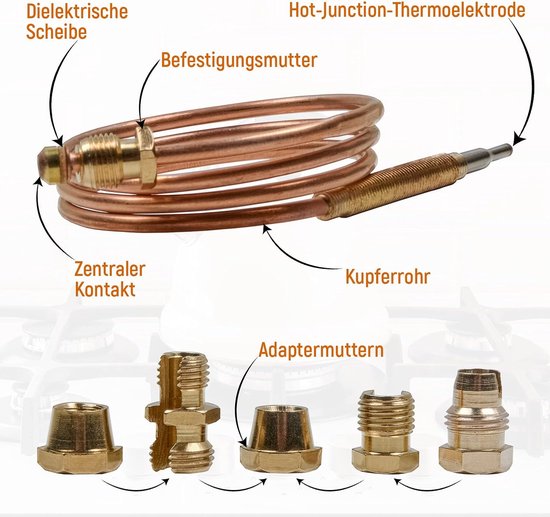 SnelShoppen - Gas Thermoelement 600 mm, Universele Verwarmingsbescherming met 5 Adapters voor Gas Grill, Gasoven, Gasfornuis, Heater, Gasboiler — afbeelding 2