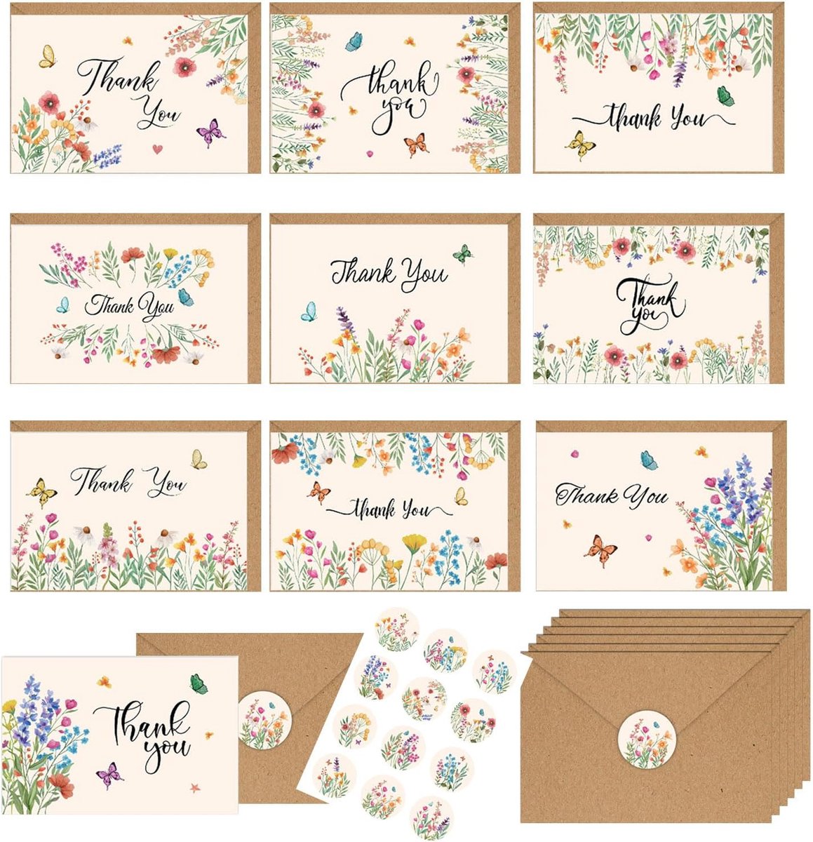 SnelShoppen - 12 Bloemen Wenskaarten Bedankkaarten met Bruine Kraft Enveloppen en Ronde Stickers - Perfect voor Verjaardag, Bruiloft, Vormsel en Meer