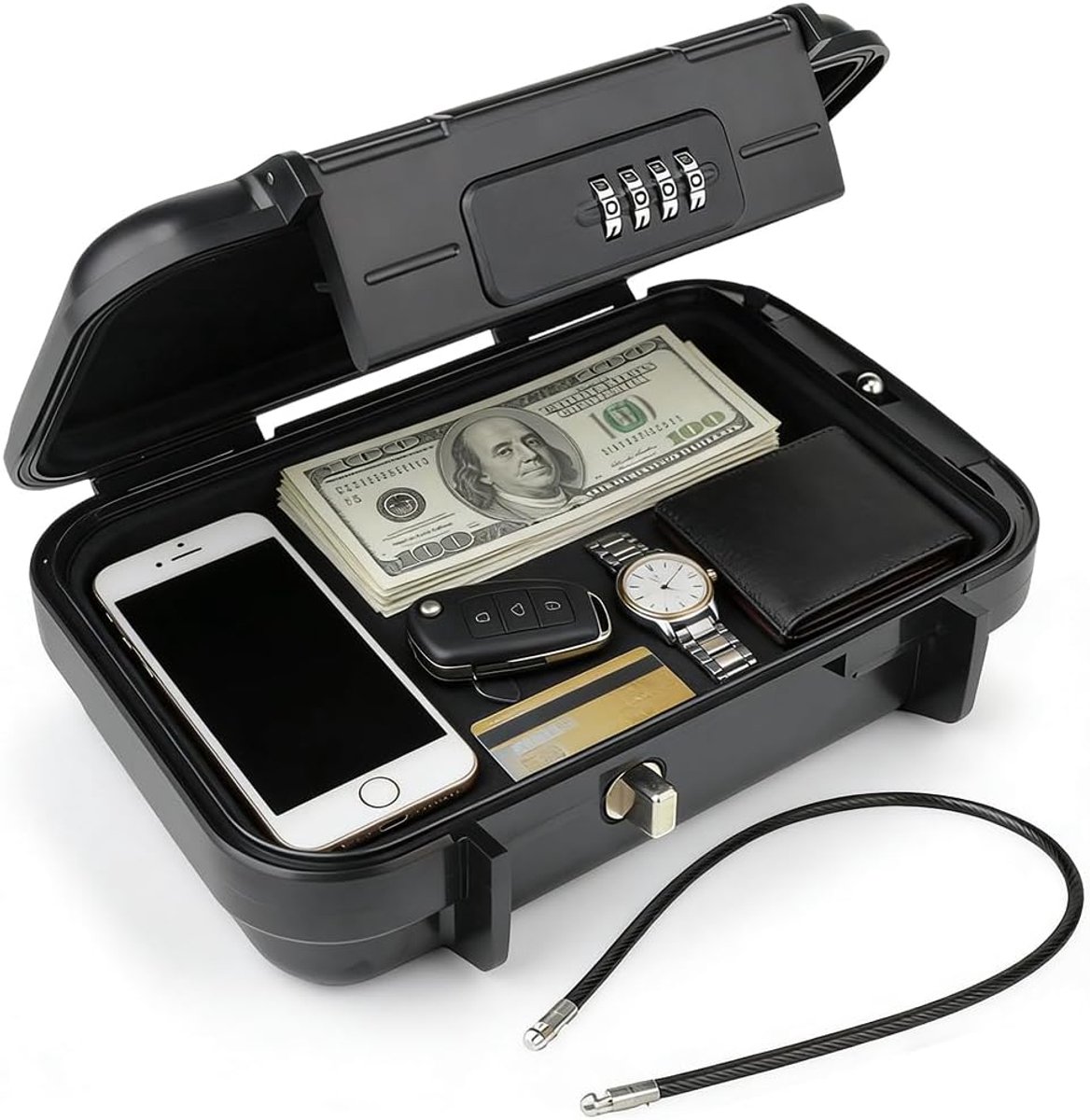 SnelShoppen - Portable Safe Box Mini Kluis met 4 Digit Code, 6MM Afneembare Kabel, Waterdicht en Schokbestendig, Ideaal voor Strand, Camping, Auto en