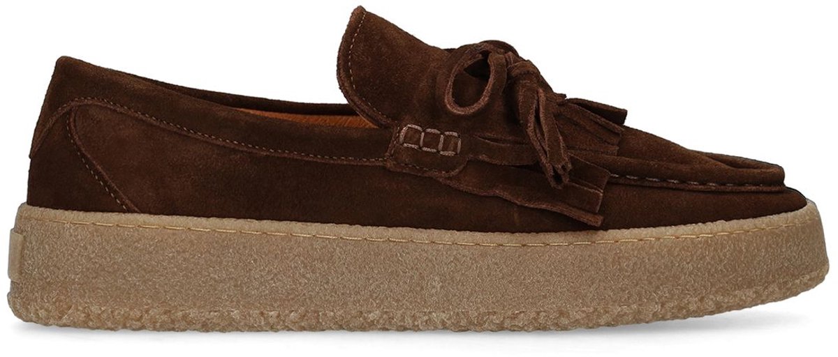 Manfield - Dames - Bruine suède loafers met franjes - Maat 39