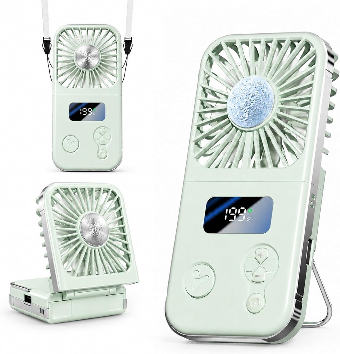 Oplaadbare handventilator – Draagbare miniventilator – Met koelplaat – 199 snelheidsstanden – Opvouwbaar ontwerp – Persoonlijke bureauventilator – Met digitaal display & draagkoord – Geschikt voor reizen, buiten, kantoor en kamperen – Lichtgroen