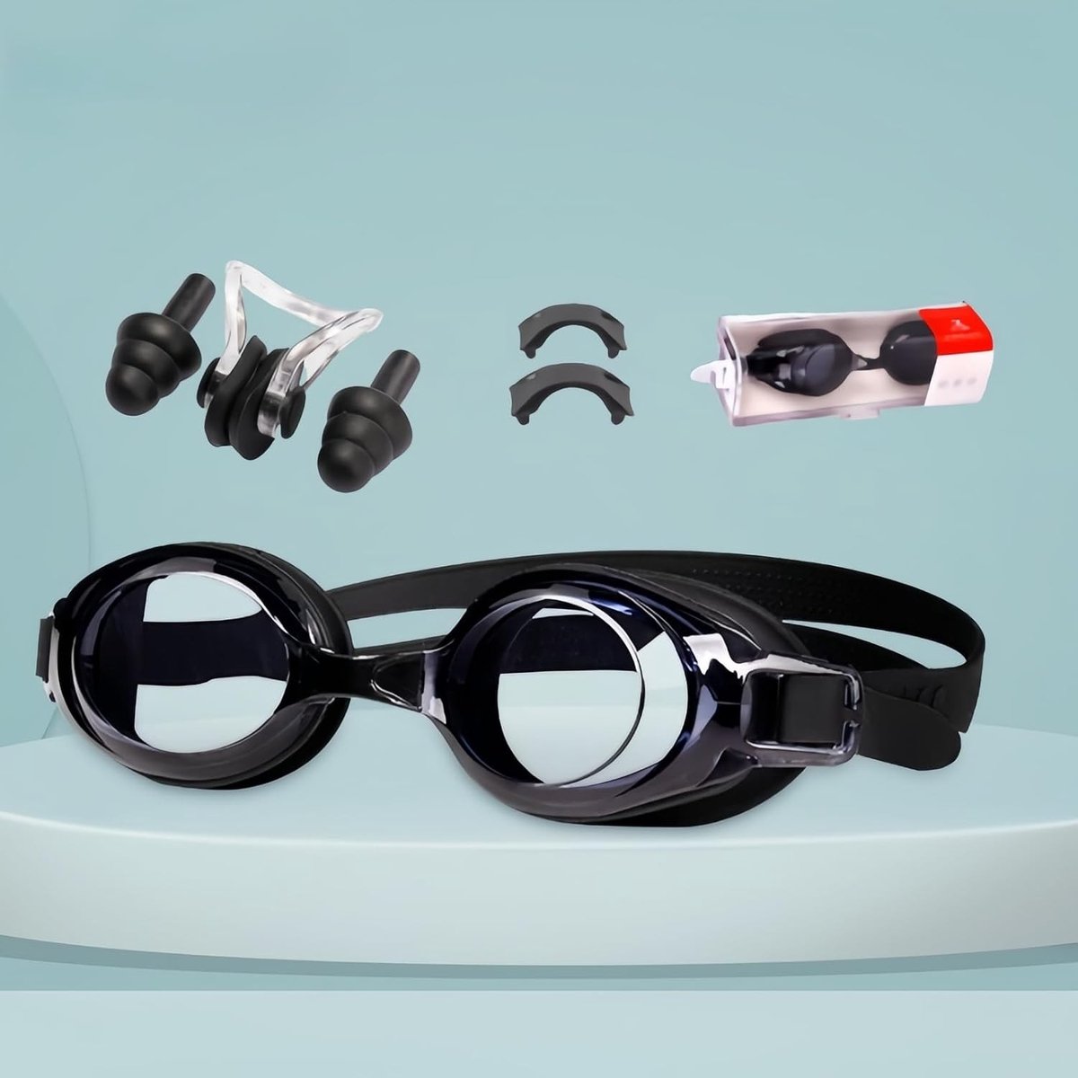 Zwemgoggles met optische sterkte | Diopter: -0 tot -9.0 | vervangbare neusbrug en oordopjes | anti-fog en UV-bescherming | perfecte pasvorm en inclusief doos