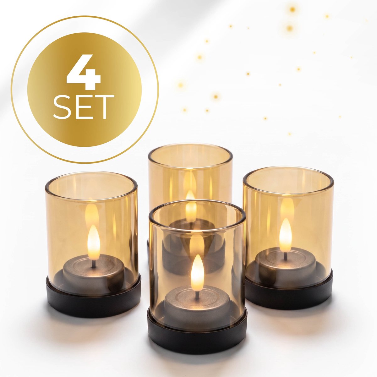 KENN Industriële Waxinelichthouders - Set van 4 - Zand/Goud Glas - Zwarte Metalen Basis - Theelichthouders - Kaarsenhouders - Luxe Uitstraling - Voor Binnen & Buiten - Lichtermeer - Voor LED Kaarsen & Waxinelichtjes