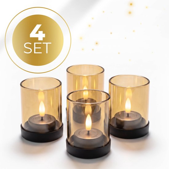 KENN® Industriële Waxinelichthouders - Set van 4 - Zand/Goud Glas - Zwarte Metalen Basis - Theelichthouders - Kaarsenhouders - Luxe Uitstraling - Voor Binnen & Buiten - Lichtermeer - Voor LED Kaarsen & Waxinelichtjes