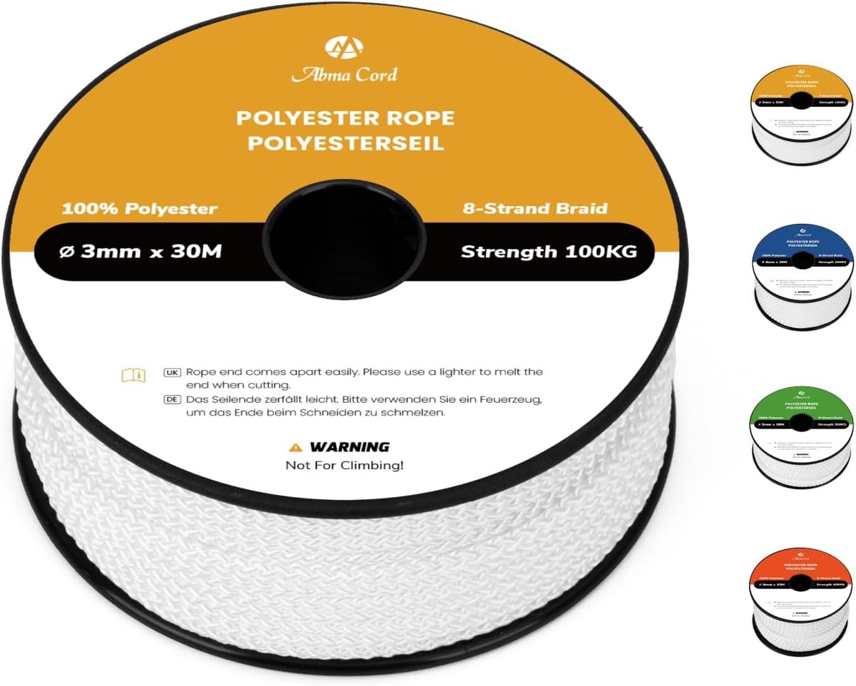 SnelShoppen - Abma Cord Gevlochten Polyester Touw 3mm x 30m Op Spoel - Wit - Sterk en Duurzaam Touw voor Camping, Tuin, Klussen en Creatieve Projecten