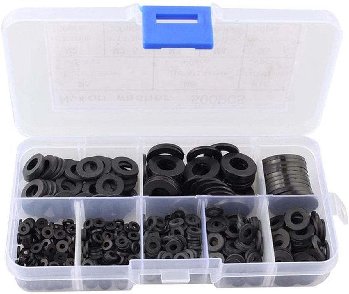 Wasmachine Pakking Ring 500 Stuks - Nylon Sluitringen - Zwarte Spacer Ringen - Diverse Maten M2/M2.5/M3/M4/M5/M6/M8/M10 - Inclusief Opbergdoos - Sluitring